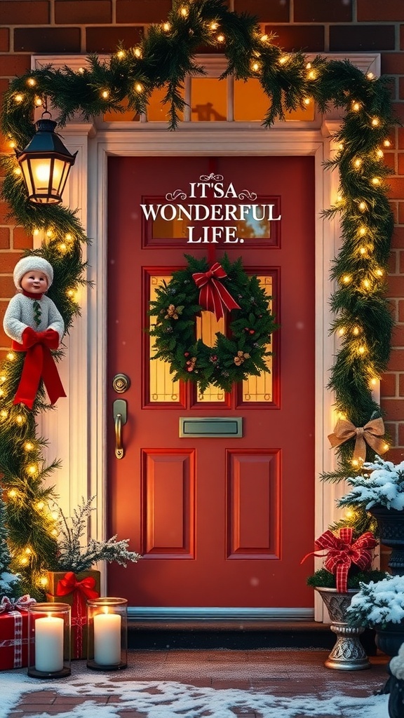 It A festive door decorated for Christmas with